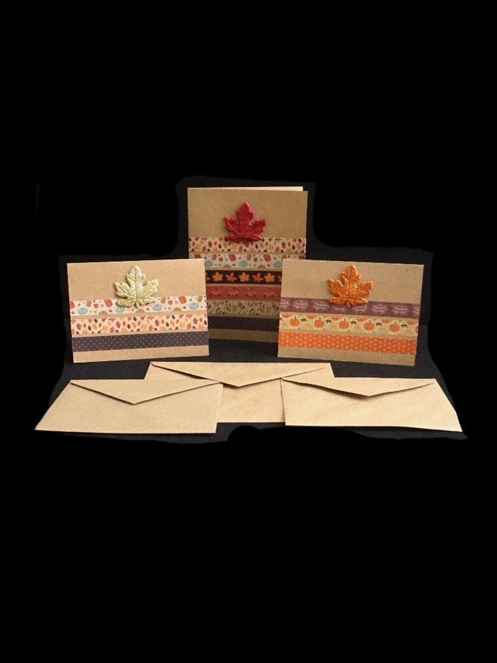 3 Fall Thanksgiving Handmade Note Cards 5x6.5 Glitter Leaf Embellishment Tape